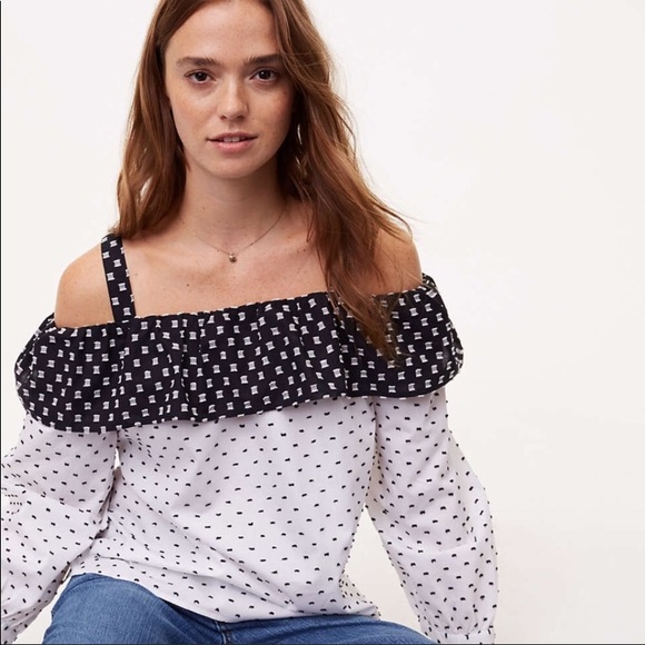 LOFT Tops - NWT Loft S or M Off the Shoulder Top Black White 3/4 Sleeves 100% Cotton
